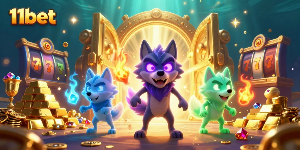 Experience the thrill of 11bet with luminous wolves surrounded by jackpot slots and treasures.