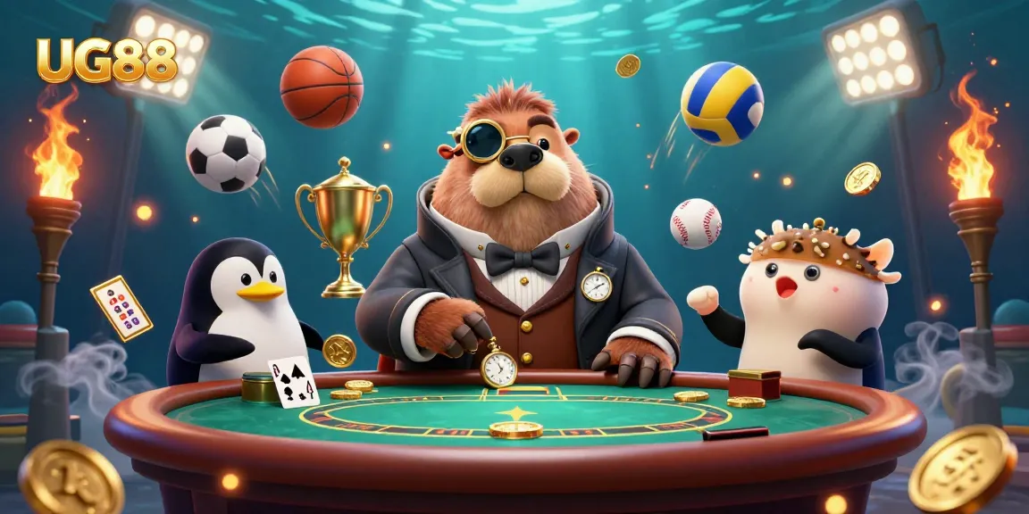 Experience the thrill of wagering with UG88 at an underwater poker table filled with excitement and sports elements.