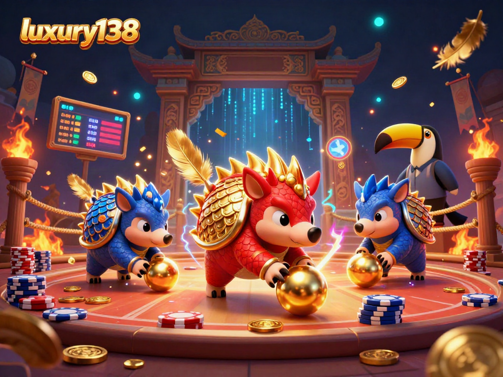Visualisasi dinamis luxury138 dengan pangolins bersaing di arena judi, menyebar koin dan chip poker.