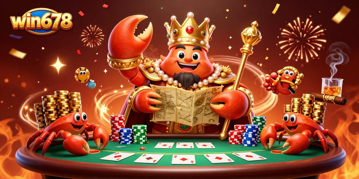 Win678 showcases a vibrant 3D scene of a golden crab emperor in a lively casino setting.