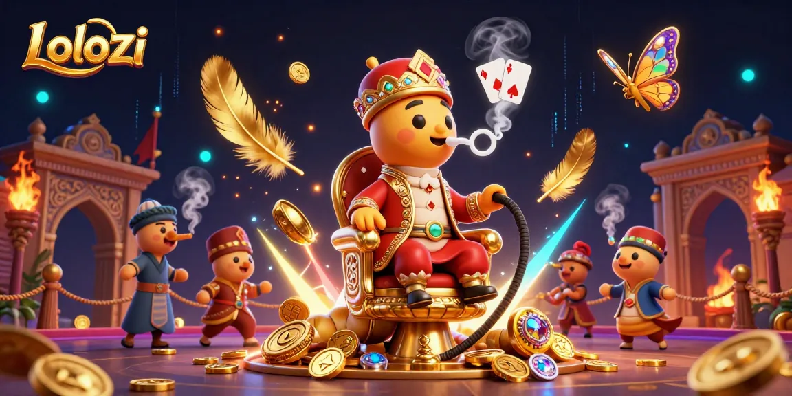 Lolozi, caterpillar hookah-master in a Turkish sultan outfit creating poker symbols, surrounded by casino elements.