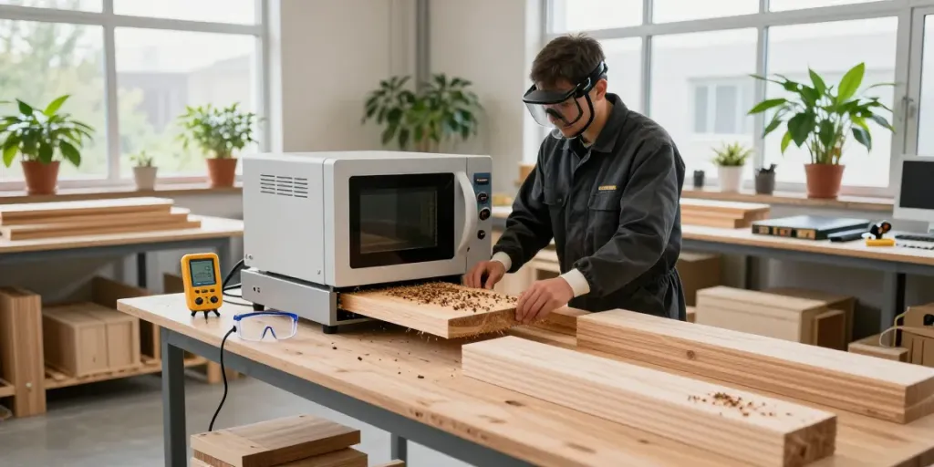 SHASHEL® microwave wood treatment technician eliminating wood-boring insects in a well-lit workshop.