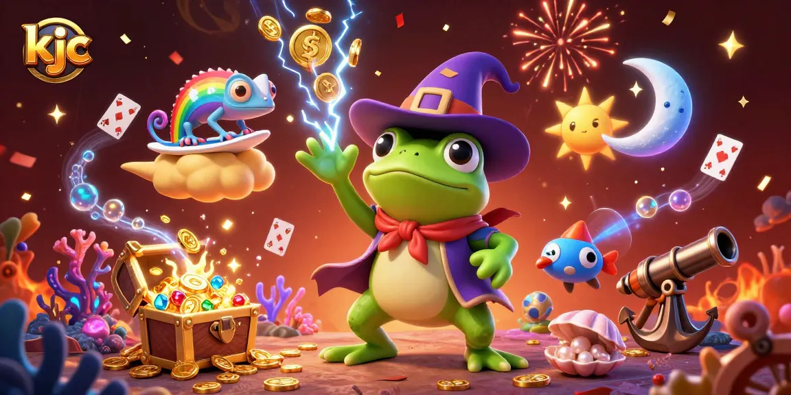 An exciting scene of kjc, a weather wizard frog and a rainbow chameleon amidst tumbling gold coins, creating thrilling casino action.