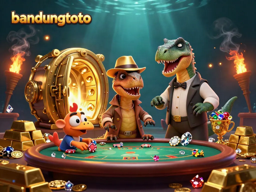 Join the excitement at bandungtoto with a cartoon velociraptor card counter amidst dazzling casino riches.