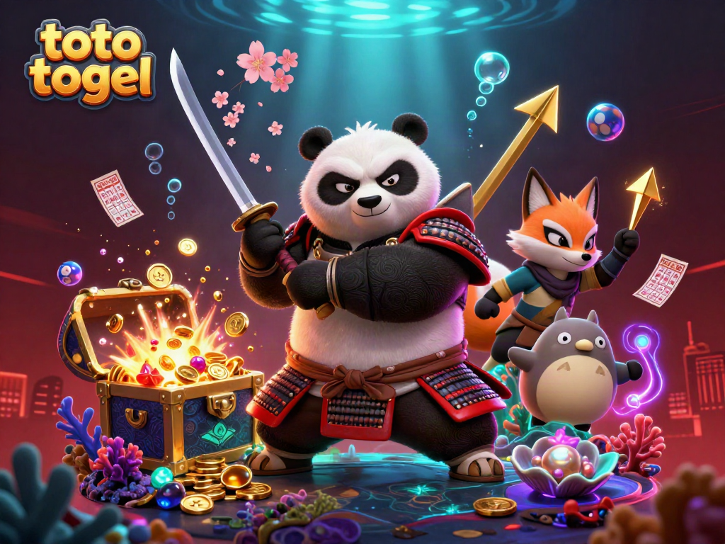 Engage with toto togel excitement featuring samurai panda and ninja fox in a dynamic casino scene.