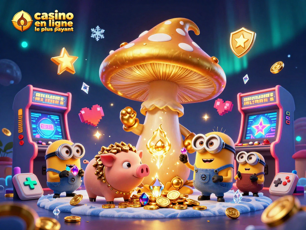 Illustration dynamique d'un casino en ligne le plus payant avec un mage doré et des jeux colorés.