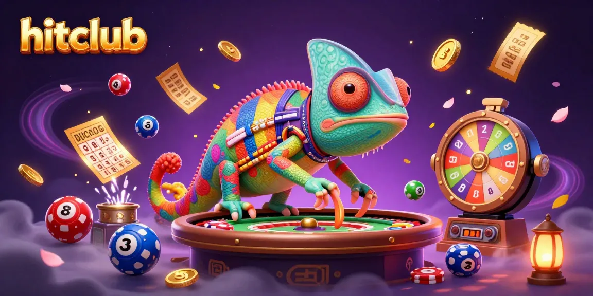 Hitclub casino illustration showcasing a colorful chameleon owner amidst dynamic lottery elements.