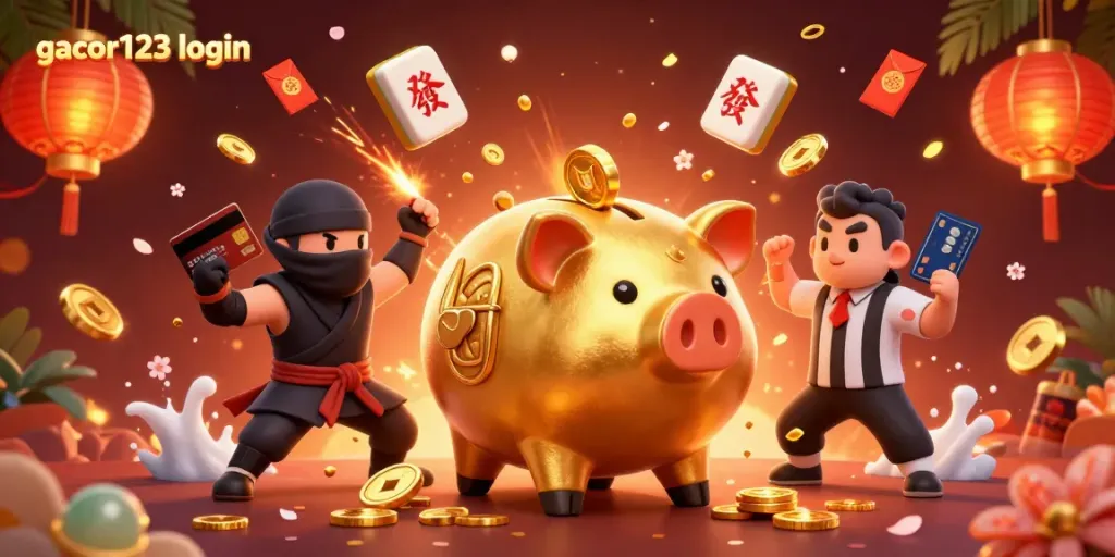 Win big with gacor123 login featuring a golden piggy bank sumo wrestler amidst vibrant casino elements.