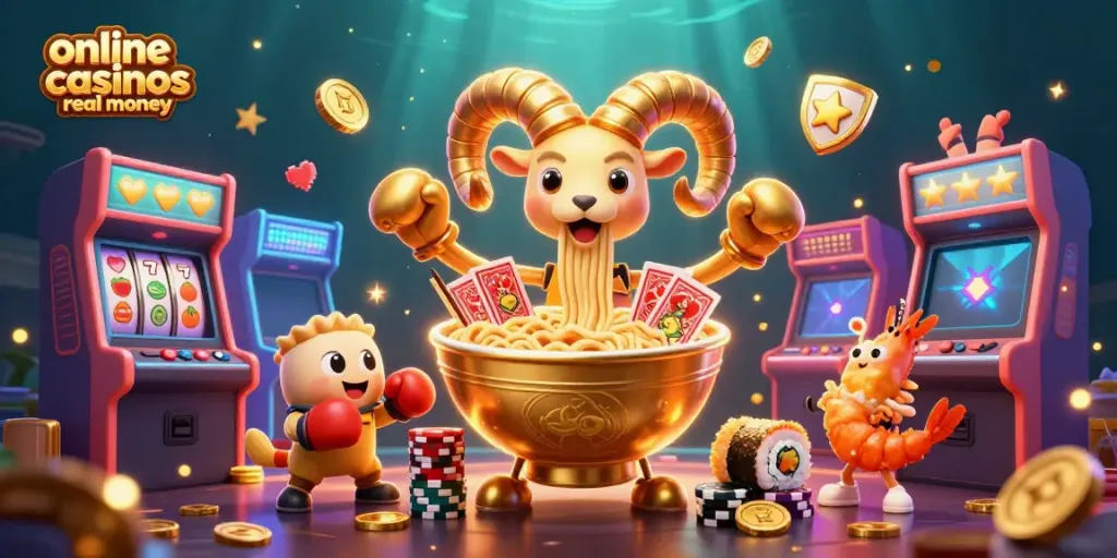 Experience the fun of online casinos real money with a vibrant, cartoonish casino scene featuring a giant ramen bowl dealer.