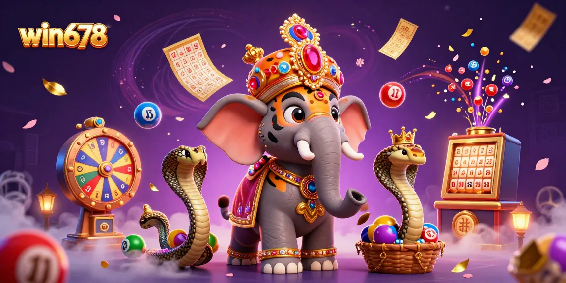 Experience win678's vibrant gaming environment with a cartoon elephant, tiger, and rich casino symbols.
