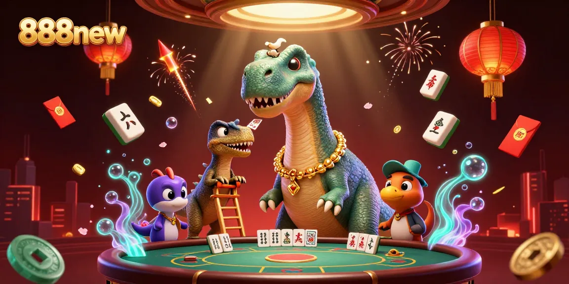 Win big with 888new in a whimsical casino scene featuring dinosaurs and vibrant gambling elements.