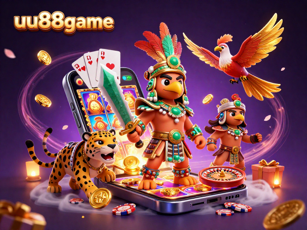 uu88game showcases an exciting 3D casino illustration featuring a vibrant slot game scene with dynamic characters.