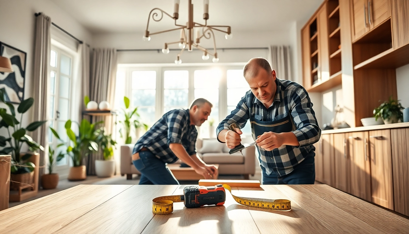 Home improvement expert installing cabinetry in a bright living room