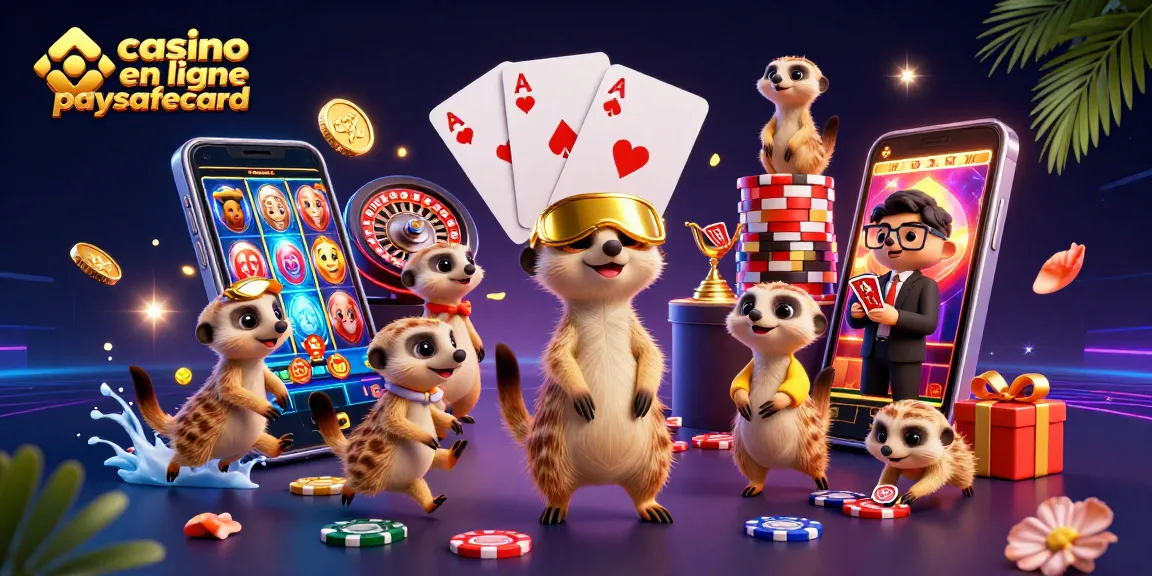 Dans ce casino en ligne paysafecard, des suricates gèrent une opération ludique avec des jeux, des jetons et des smartphones.