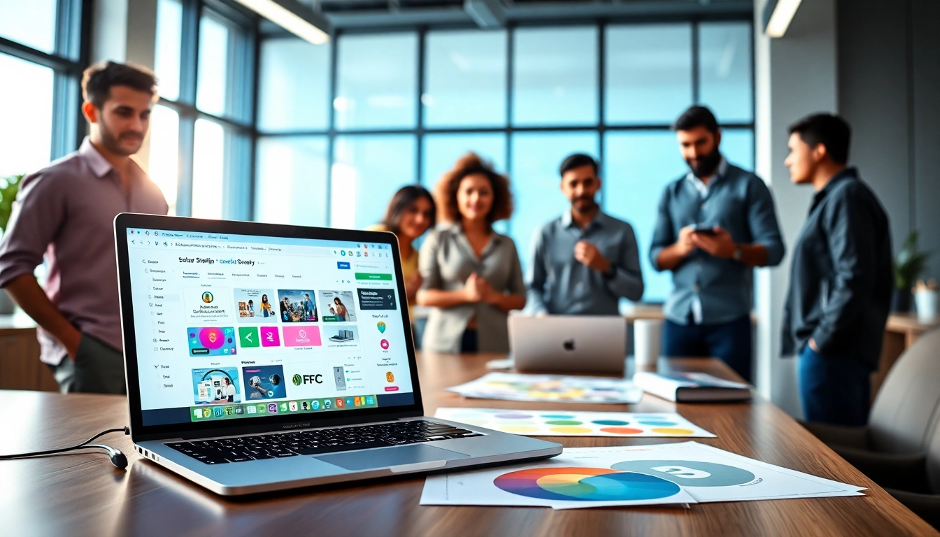 Engaging scene of Custom Shopify development with a diverse team collaborating on eCommerce solutions.