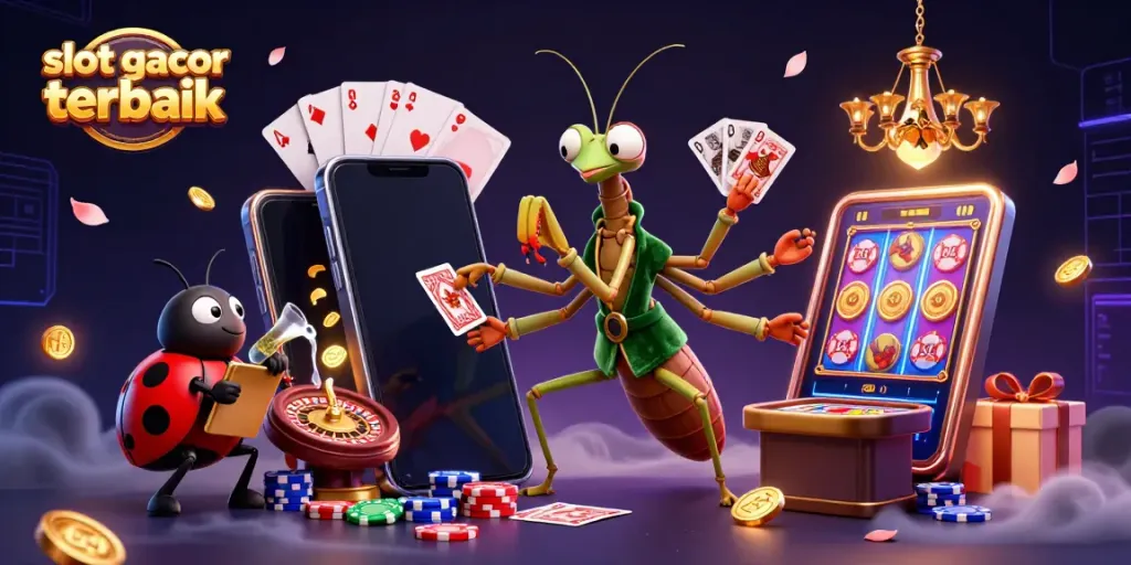 Gambar yang menunjukkan slot gacor terbaik dengan karakter kartun dan elemen kasino yang menarik.