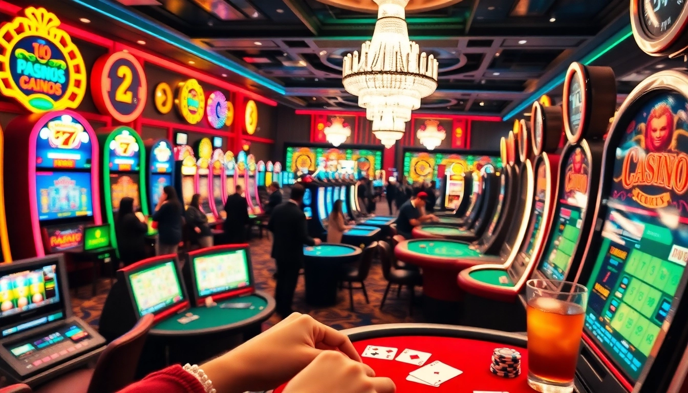 Menang besar dengan ora78 di kasino yang ramai dan berwarna-warni, menampilkan mesin slot dan permainan poker.