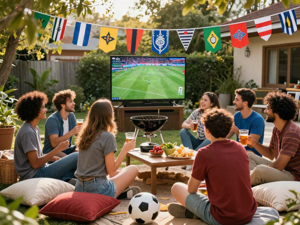 Menikmati nonton bola gratis bersama teman-teman di halaman belakang dengan layar besar.