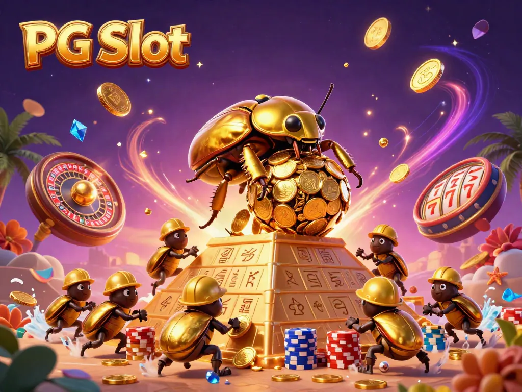 Menangkan PG Slot dengan pengalaman visual yang kaya di kasino virtual, termasuk simbol dan koin emas.