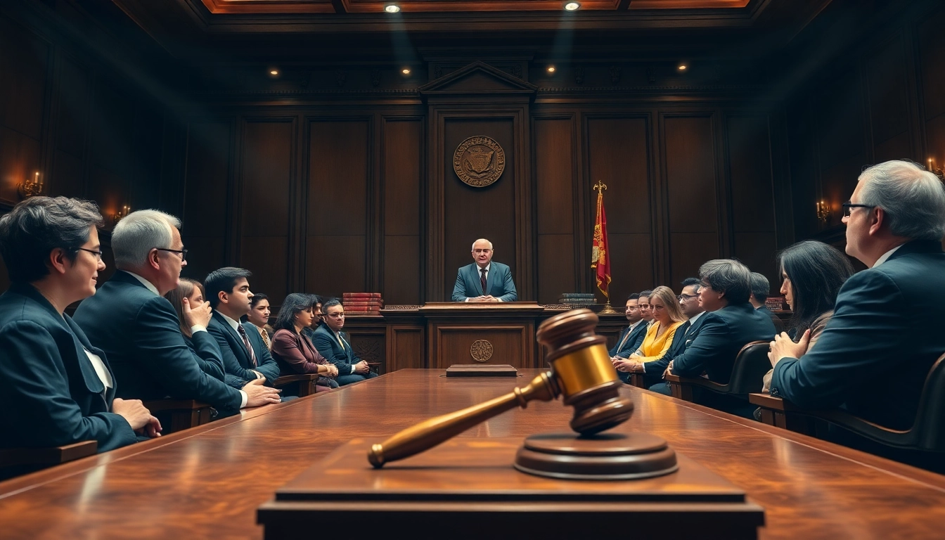 Depiction of a courtroom during a merchant cash advance lawsuit with engaged lawyers and jury.