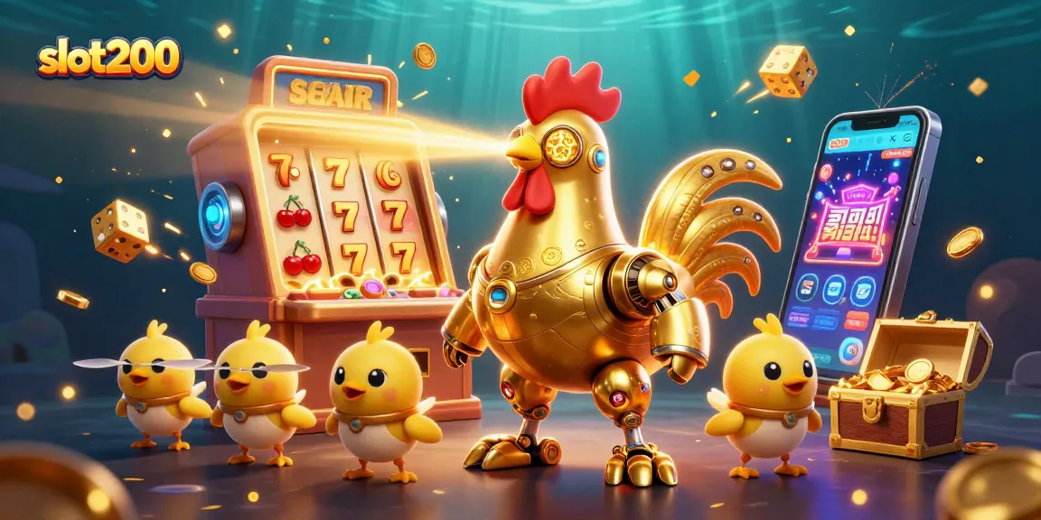 Experience big wins at slot200 with a vibrant 3D illustration of a golden rooster robot and baby chick drones.