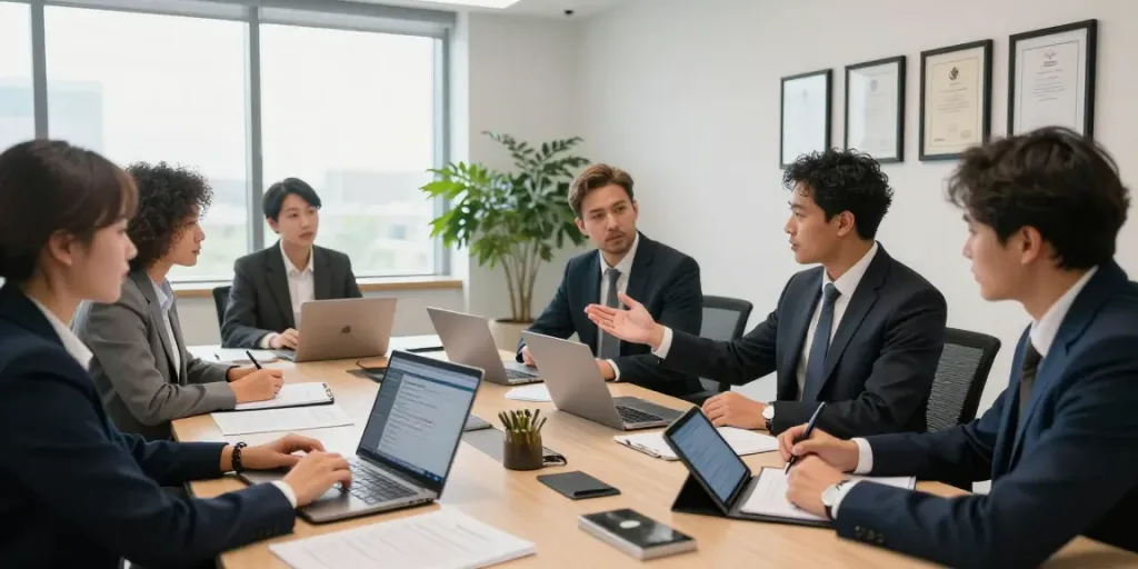 Lead Roedl team collaborating on legal strategies in a modern office