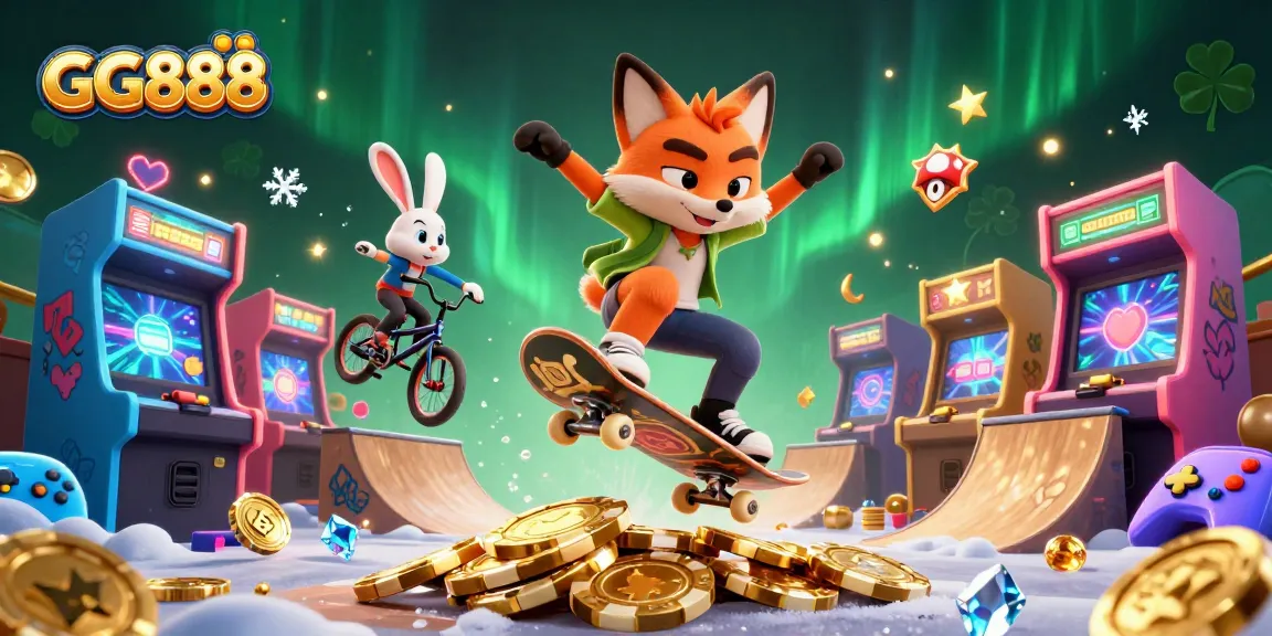 Experience excitement with GG888 as a cartoon fox performs tricks amidst vibrant gaming elements in a casino setting.