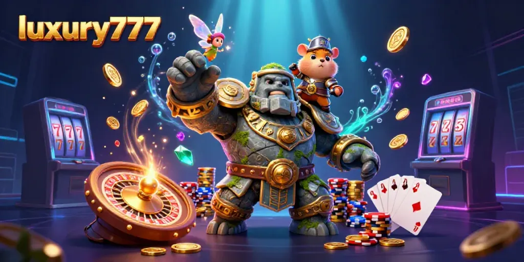 Experience luxury777 with our vibrant 3D casino scene filled with enchanting characters and gaming elements.