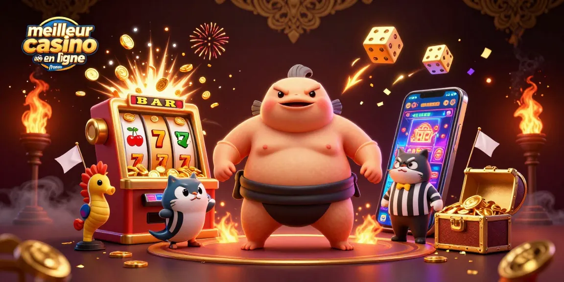 Illustration dynamique du meilleur casino en ligne France avec un fugu, un arbitre poisson-chat et des spectateurs.