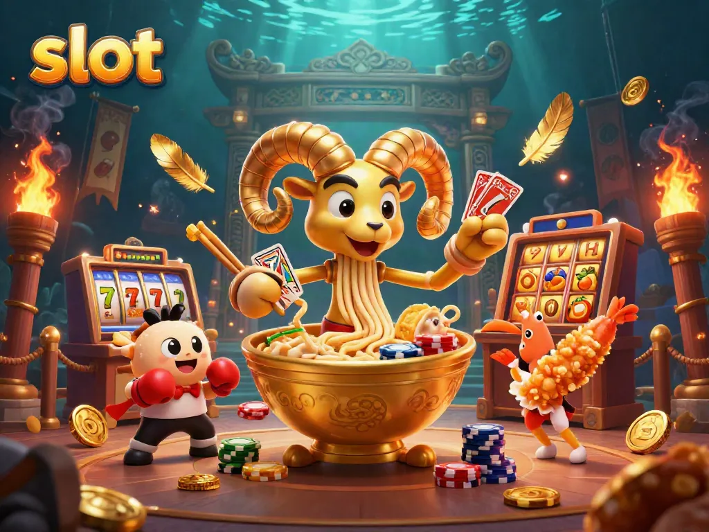 Slot penuh semangat dengan karakter ramen dan simbol keberuntungan di latar belakang atmosfer kasino.
