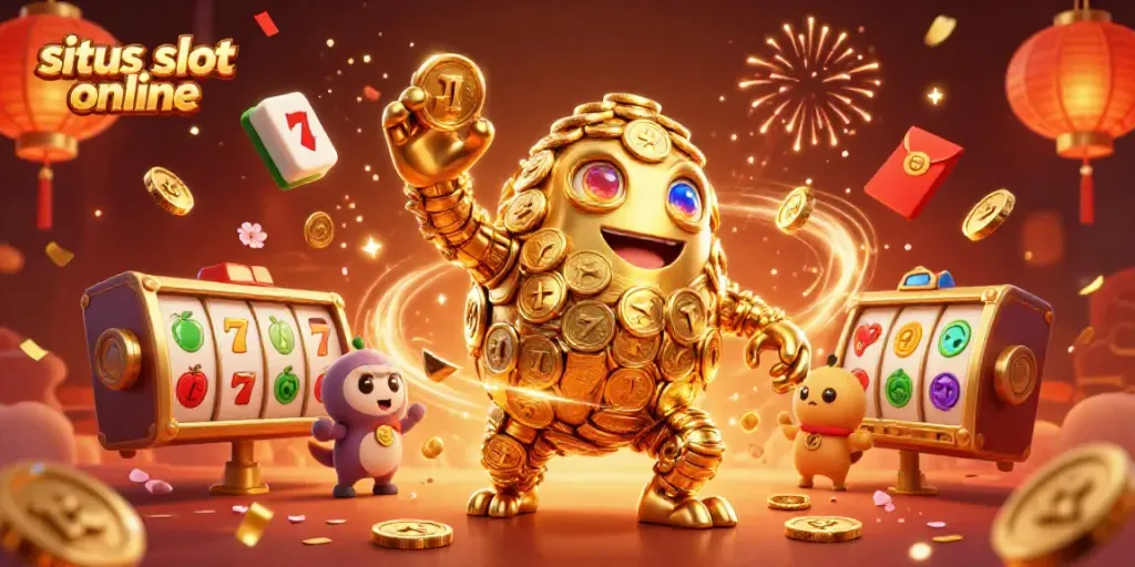 Experience situs slot online excitement with a golden golem surrounded by vibrant slot game elements, festive fireworks, and confetti.