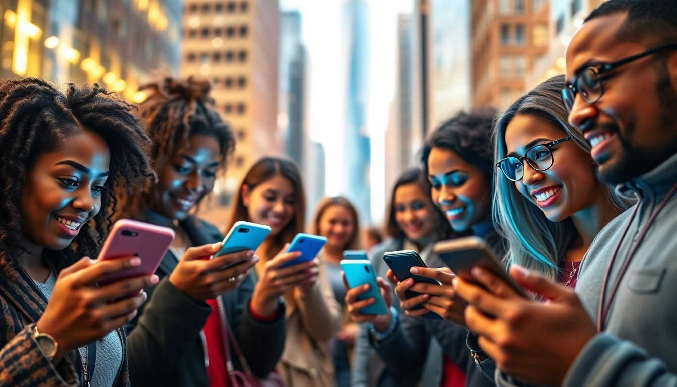 Explore users engaging with trending apps in usa in a modern urban setting.