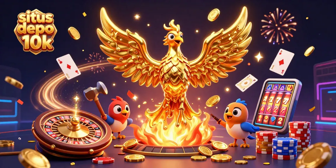Situs depo 10k menampilkan phoenix emas melodikan dengan koin terbang dan mesin slot, menjanjikan pengalaman menang besar.