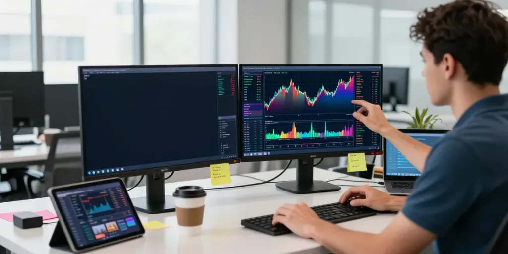 Trader using TradingView in a modern office with live market analysis on dual monitors.