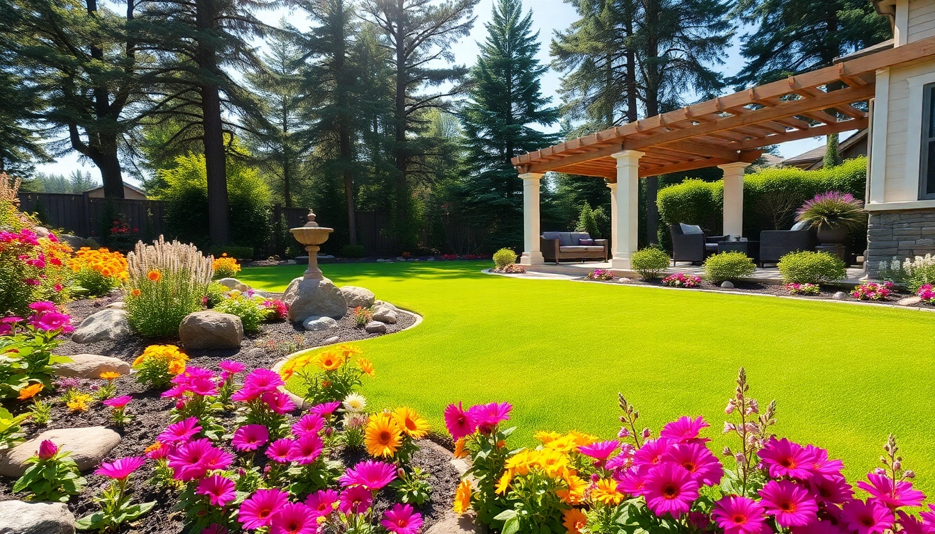 Create stunning backyard landscaping with colorful flower beds, cozy seating, and lush greenery.
