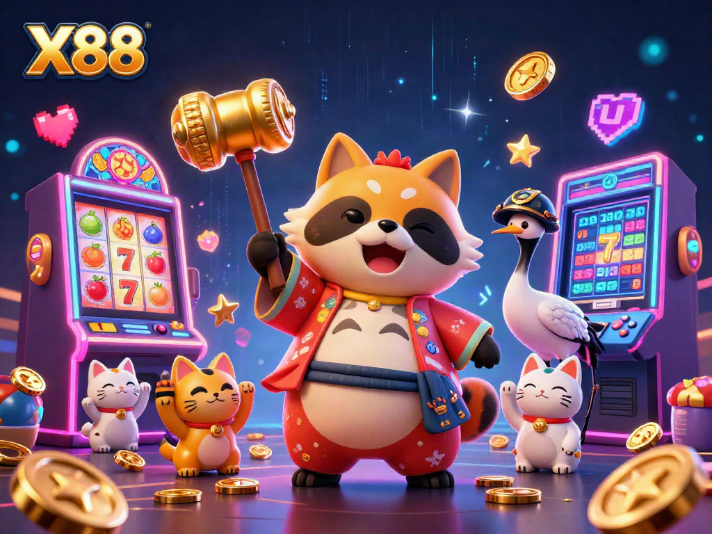 X88 brings luck with cheerful tanuki in a festive scene filled with colorful slot machines and casino gold.