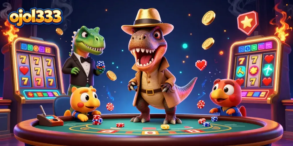Experience ojol333 gameplay with vibrant slot machines, daring velociraptor players, and dynamic casino action.