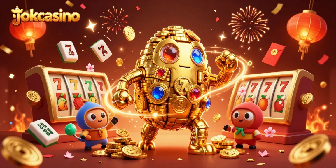 Engage with jokacasino's vibrant 3D illustration showcasing dynamic slot elements and celebratory effects.
