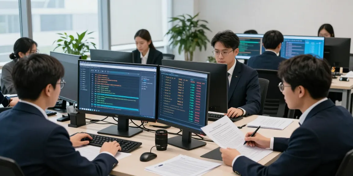 먹튀스팟 검증사이트 specialists analyzing data in a professional office environment.