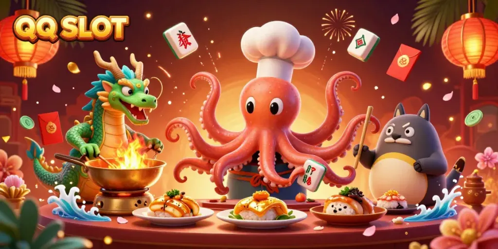 Engage with QQ SLOT's thrilling casino ambiance through an action-packed cartoon illustration
