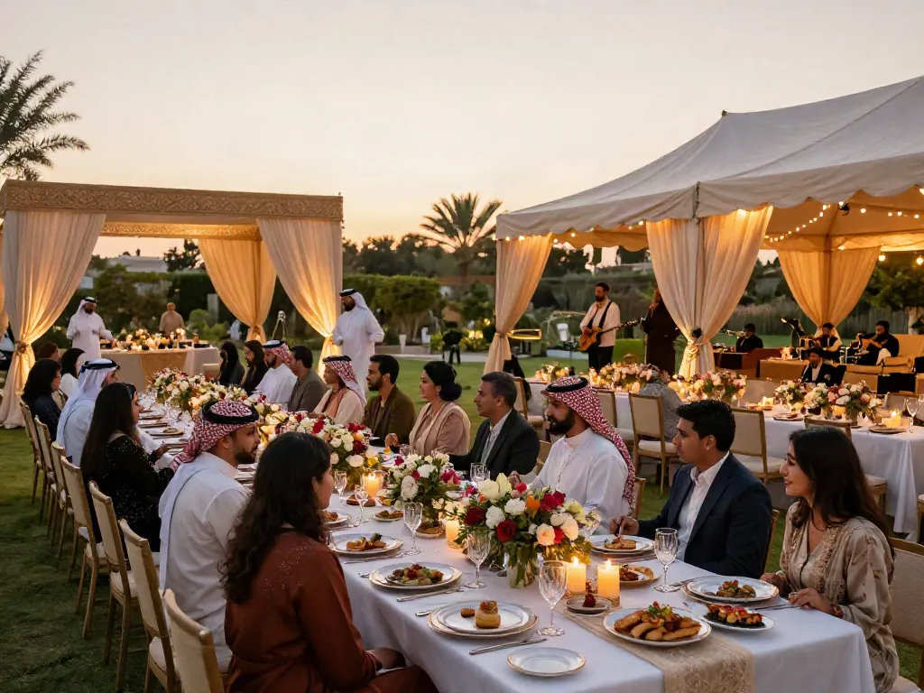 Event rental ksa featuring a luxurious outdoor wedding setup with elegant tents, fine dining, and ambient lighting.