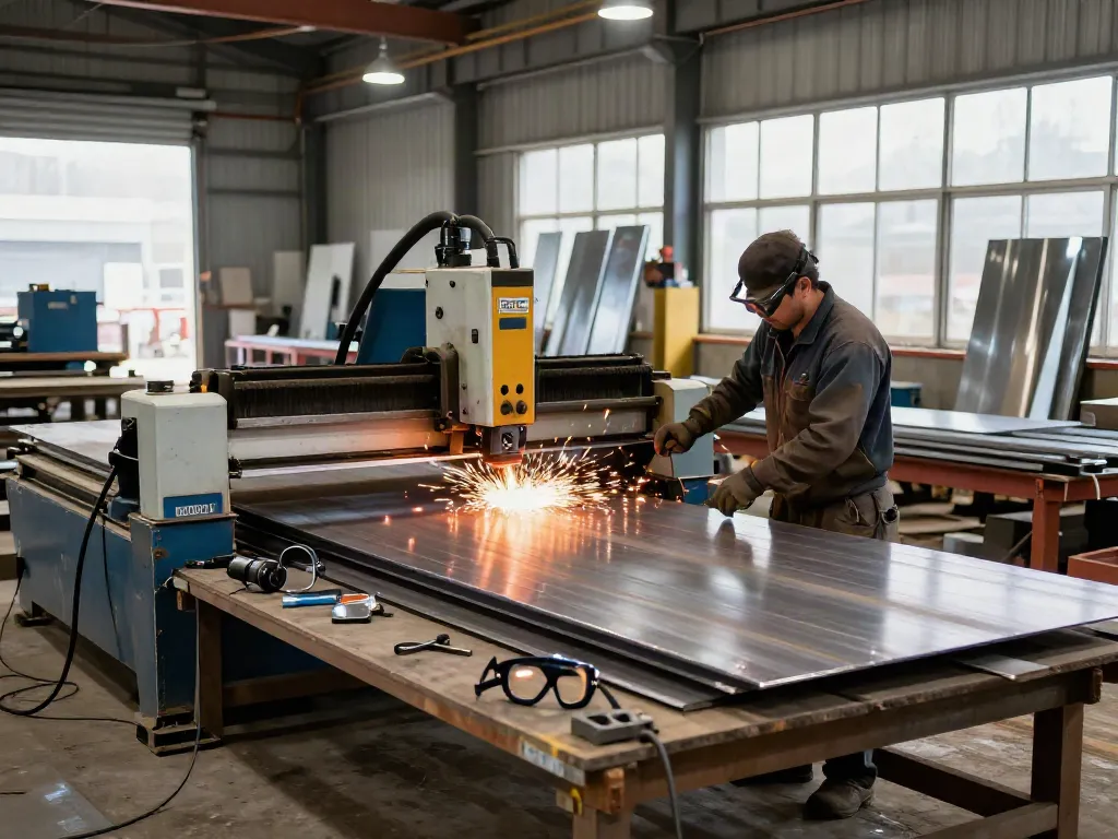 Miller Sheetmetal, Inc. technician expertly operating CNC plasma cutter in a busy industrial workshop.