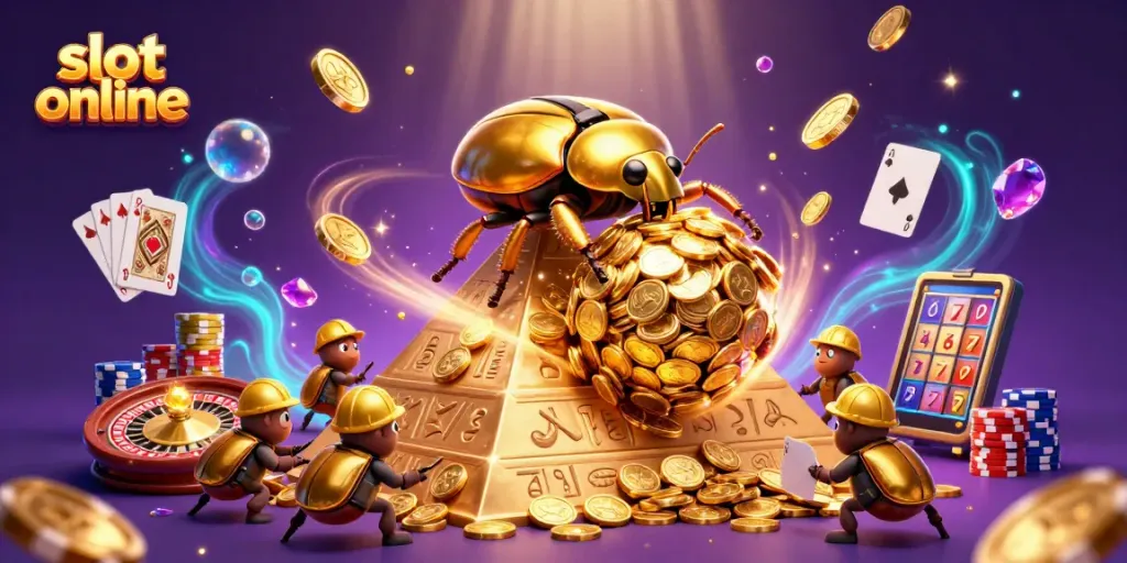 Spin the reels in this vibrant slot online scene featuring golden beetles and casino symbols.