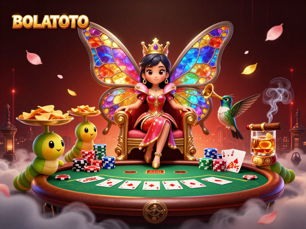 BOLATOTO showcases thrilling gaming with a butterfly queen, poker elements, and vibrant colors in a 3D scene.