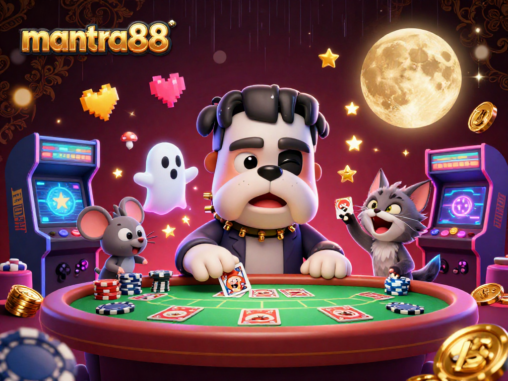 Engage in thrilling poker games at mantra88's vibrant casino with dynamic characters and gaming elements.