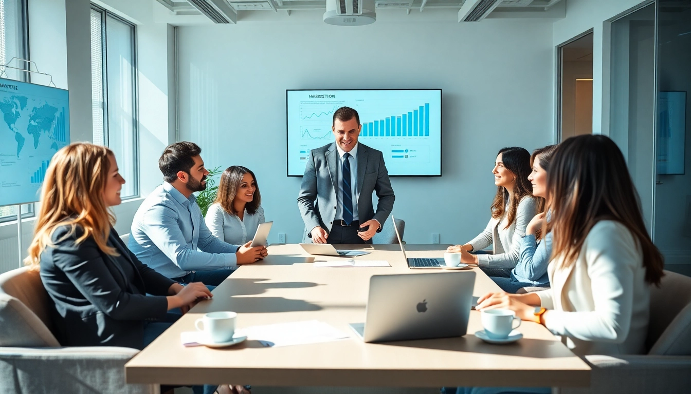Marketing director leading a collaborative team session in a bright office setting, showcasing professionalism and teamwork.
