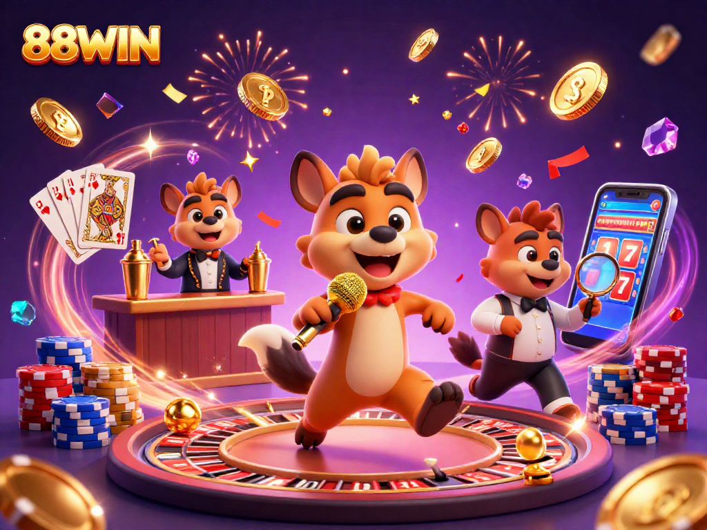 Join the vibrant world of 88WIN casino as hyenas entertain at a comedy club filled with action and excitement.