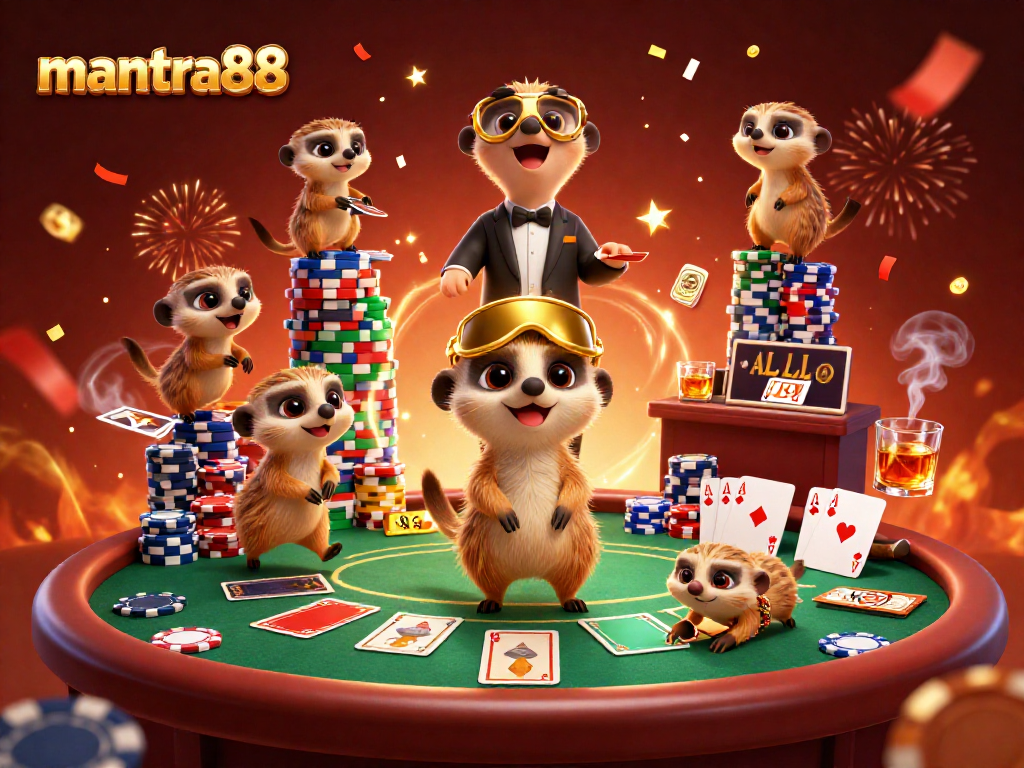 Experience mantra88 with meerkats managing a vibrant online casino atmosphere.