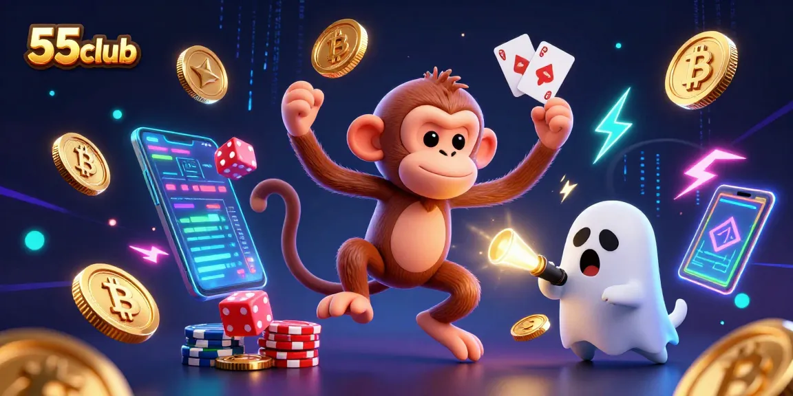 Engage in thrilling casino adventures with 55club, featuring a playful poltergeist monkey and a ghost-hunter puppy.