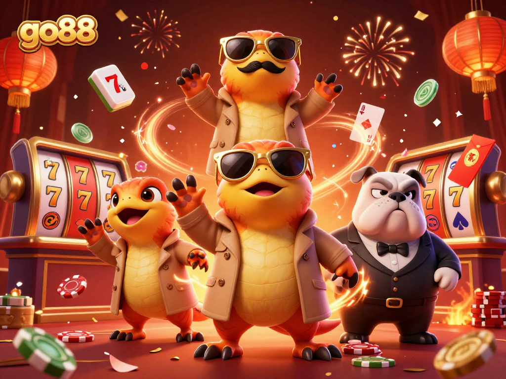 Go88 brings excitement with cartoon raptors attempting VIP entry at a vibrant casino.